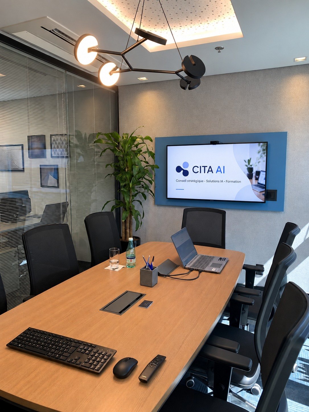 Salle de réunion CITA AI, écran de présentation et table de travail