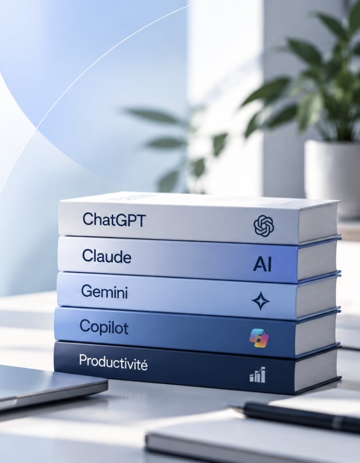 Une pile de livres ChatGPT, Claude, Gemini, Copilot et Productivité sur un bureau