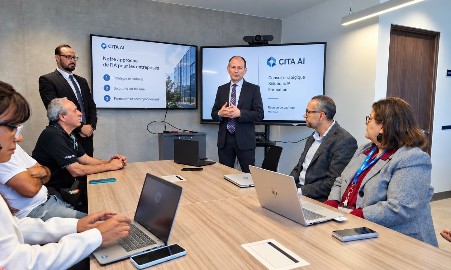 Un consultant CITA AI présente l’approche IA pour les entreprises devant deux écrans, à une équipe en salle de réunion
