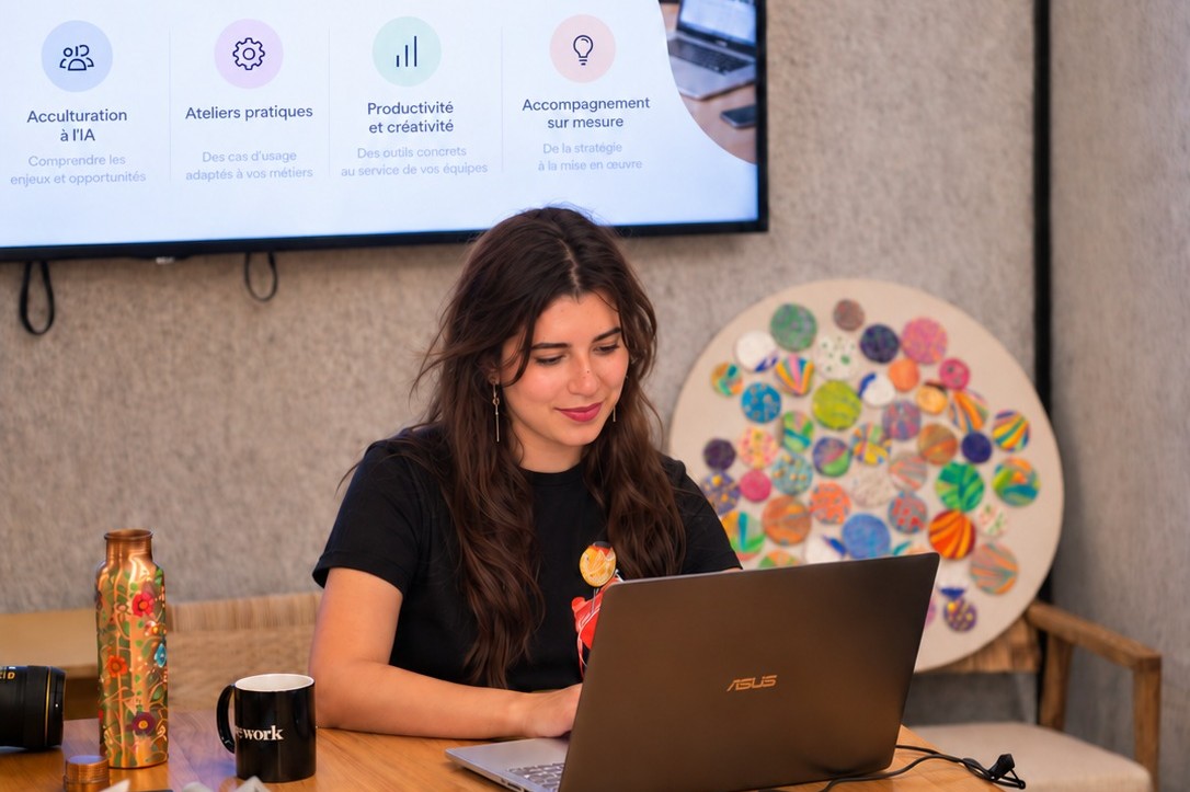 Une participante suit une formation IA sur son ordinateur portable, devant un écran CITA AI