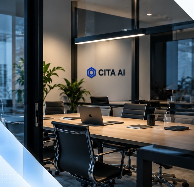 Salle de réunion des bureaux CITA AI, logo au mur